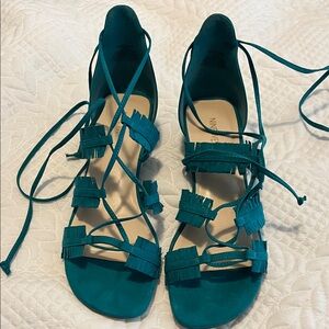 Nine West Teal Lace-Up Fringe Gladiator Sandals